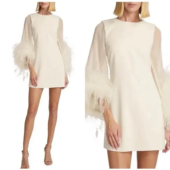 NWT Alice + Olivia Women's White Silk Izola Feather Detail Mini Dress Sz 2 FLAW Mini